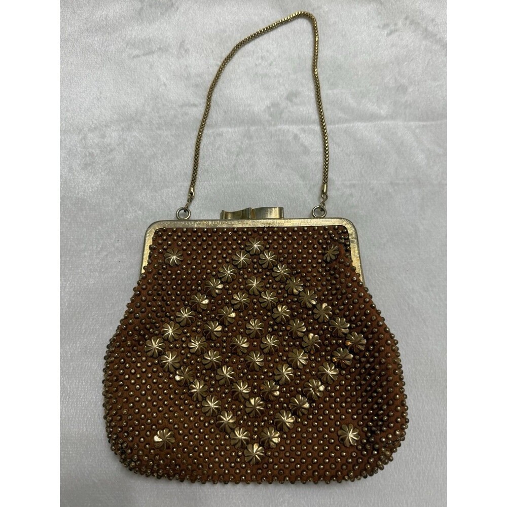 Vintage Golden Name Hong Kong Purse 1960s Gold Beaded Floral Kiss Lock Bag